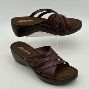 Eastland Poppy Women's 10M Brown‎ Leather Wedge Slide Sandals Memory Foam